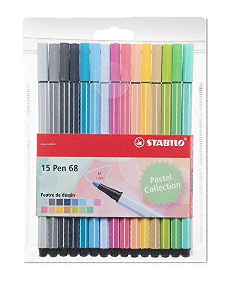 Feutre de dessin - STABILO Pen 68 - Pochette de 15 feutres pointe moyenne - Couleurs pastel