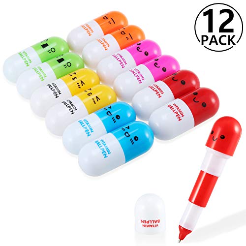 Yosemy [12 PCS] Mini Vitamine Pilule stylos à bille rétractables, cadeau babiole mignon rigolo - Multicolor