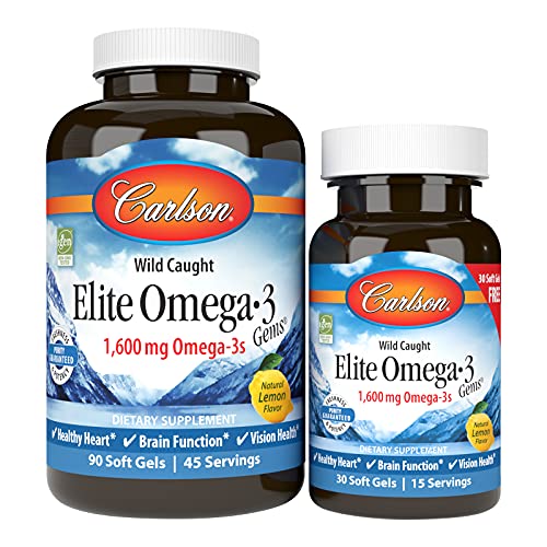 Carlson - Elite Omega-3 Gems, 1600 mg Omega-3 Fatty Acids Including EPA and DHA, Norwegian Fish Oil Supplement, Wild Caught, Sustainably Sourced Capsules, Lemon, 90+30 Softgels