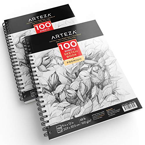 ARTEZA Sketch Book 2-Pack, 9x12 Inches – 200 Sheets, Spiral Bound, 68 lb Acid-Free Drawing Pad for Adults, Teens & Artists for Sketching