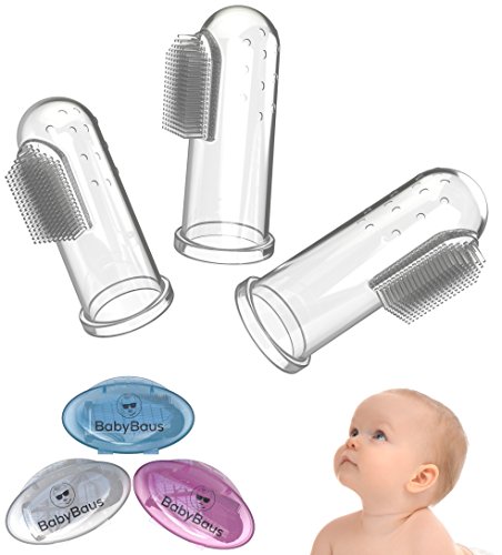BabyBaus: Baby Finger Toothbrush | Easy Oral Hygiene for Kids, Toddlers, Babies and Pets | Soft, Massaging Bristles, Ergonomic Design â€“ Set of 3, with 3 Cases in Blue, Pink, Clear