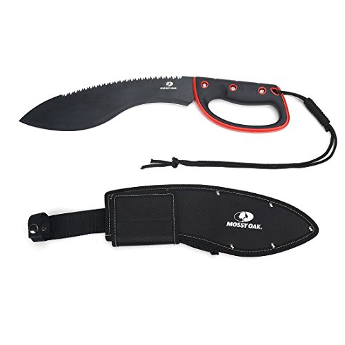 MOSSY OAK 18-inch Kukri Machete, 12-inch Black Blade with Saw Back, Full Tang TPR Handle with Lanyard, Solid Nylon Sheath Included