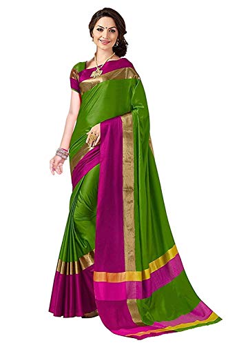 PERFECTBLUE Women's Cotton Silk Saree Free Size Green Pink