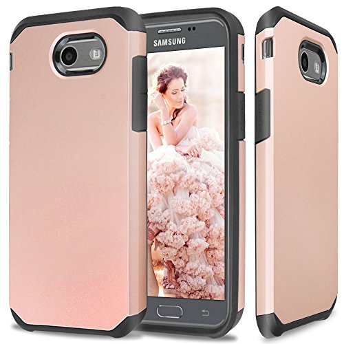 Book Cover TJS Phone Case Compatible with Samsung Galaxy J7 Sky Pro, J7 V, Dual Layer Hybrid Shockproof Impact Drop Protection Cover (Rose Gold)