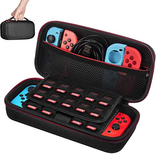 Switch Carrying Case with 2 Pack Screen Protector, Younik Switch Travel Case Protective Hard Shell Pouch Switch Case for NS Switch Console & Accessories Holds 19 Game Cartridge, Black