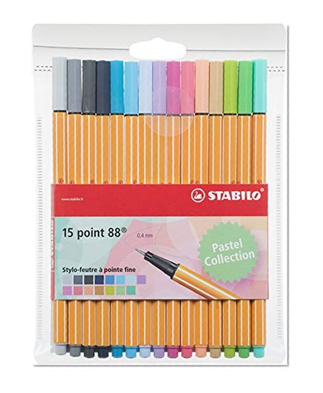 Stylo feutre pointe fine - STABILO Point 88 - Pochette de 15 stylos-feutres - Couleurs pastel