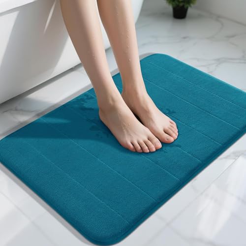 Yimobra Memory Foam Bath Mat Large Size, 51 x 81 cm, Soft and Comfortable, Super Water Absorption, Non-Slip, Thick, Machine Wash, Easier to Dry for Bathroom Floor Rug , Peacock Blue