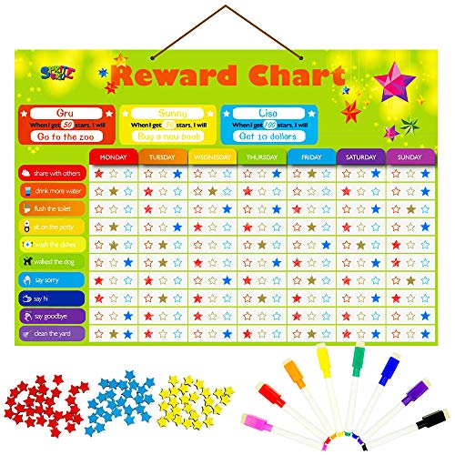 Book Cover Magnetic Reward Behavior Star Chore Chart for One or Multiple Kids, Includes 8 Markers + 60 Foam Backing Illustrated Chores + 300 Stars in Red, Yellow, Blue. X- Large 17X12 inch. Hanging Loop READY!