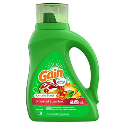 Gain + Aroma Boost Liquid Laundry Detergent with Febreze Freshness, Tropical Sunrise, 32 Loads 50 fl oz (Packaging May Vary)