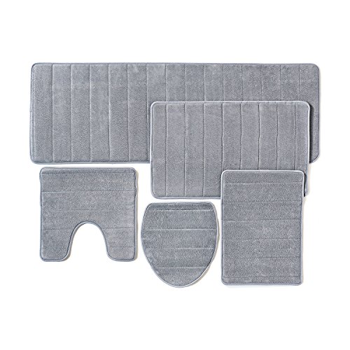Over the Floor Bath Mats for Bathroom Floor 5-Piece Set - Bathroom Rugs Set, Shower Mat, Toilet Rug, Bathroom Accessories - Thick Soft Memory Foam, Water Absorbent Bathmat, Non Slip Back - Gray