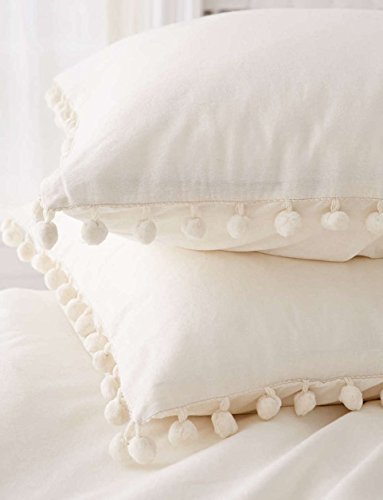 Book Cover White Pom Pom Fringed Pillowcases Pillow Covers ,18.9in x29.1in,Set of 2 (Full/Queen)