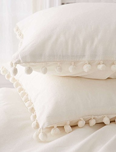 White Pom Pom Fringed Pillowcases Pillow Covers ,18.9in x29.1in,Set of 2 (Full/Queen)