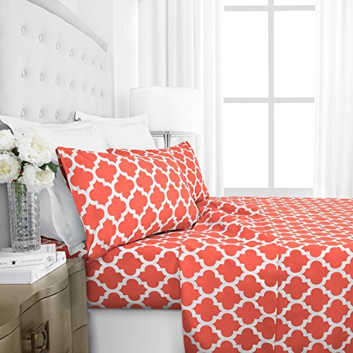 Book Cover Italian Luxury 1800 Series Hotel Collection Quatrefoil Pattern Bed Sheet Set - Deep Pockets, Wrinkle and Fade Resistant, Hypoallergenic Printed Sheet and Pillow Case Set - Queen - Coral