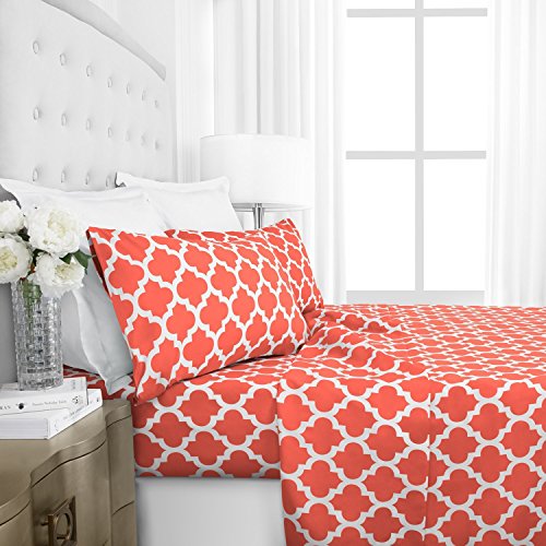 Italian Luxury 1800 Series Hotel Collection Quatrefoil Pattern Bed Sheet Set - Deep Pockets, Wrinkle and Fade Resistant, Hypoallergenic Printed Sheet and Pillow Case Set - Queen - Coral