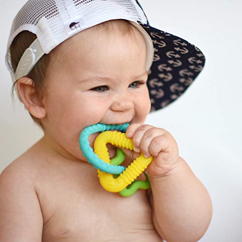 Nuby Chewy Charms Neutral/Star and Triangle Silicone Teether, Teal/Green/Yellow