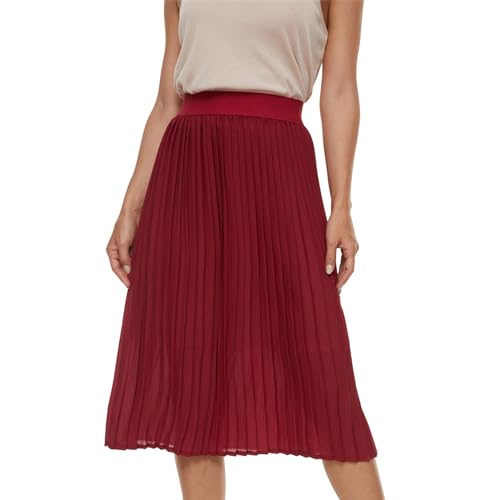 TEERFU Womens Pleated Midi Skirt,High Waist Swing Boho Pleated Skirt Casual Chiffon Elastic A-line Long Skirts