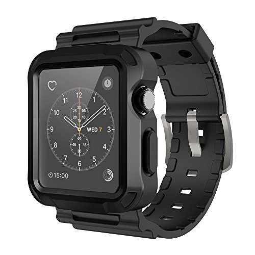 Simpeak Rugged Protective Case with Black Strap Bands Compatible with Apple Watch Series 3 Series 2 42mm, Black