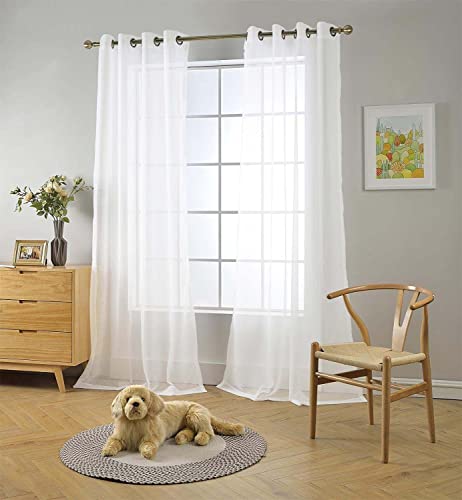 MIUCO 2 Panels White Curtains Grommet Textured Solid Sheer Curtains 84 Inches Long for Bedroom (2 x 54 Wide x 84" Long) White