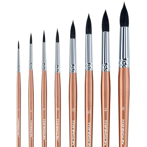 Transon Round Watercolor Detail Paint Brushes Goat Hair 8pcs for Watercolors,Acrylics,Inks,Gouache,Oil and Tempera