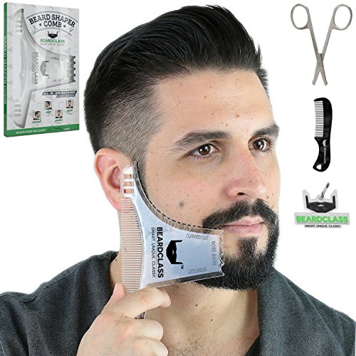 BEARDCLASS - Beard Shaping Tool - 6 in 1 Comb Multi-liner Beard Shaper Template Comb Kit Transparent - Bonus Items Included - Works with any Beard Razor Electric Trimmers or Clippers - (Clear)