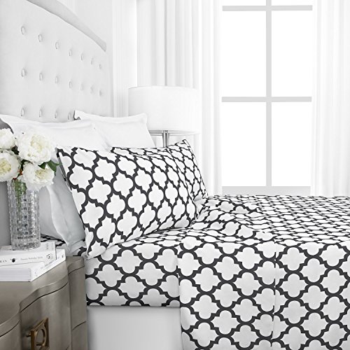 Italian Luxury 1800 Series Hotel Collection Quatrefoil Pattern Bed Sheet Set - Deep Pockets, Wrinkle and Fade Resistant, Hypoallergenic Printed Sheet and Pillow Case Set - Queen - White