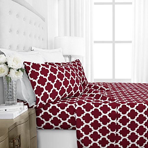 Book Cover Italian Luxury 1800 Series Hotel Collection Quatrefoil Pattern Bed Sheet Set - Deep Pockets, Wrinkle and Fade Resistant, Hypoallergenic Printed Sheet and Pillow Case Set - Queen - Burgundy