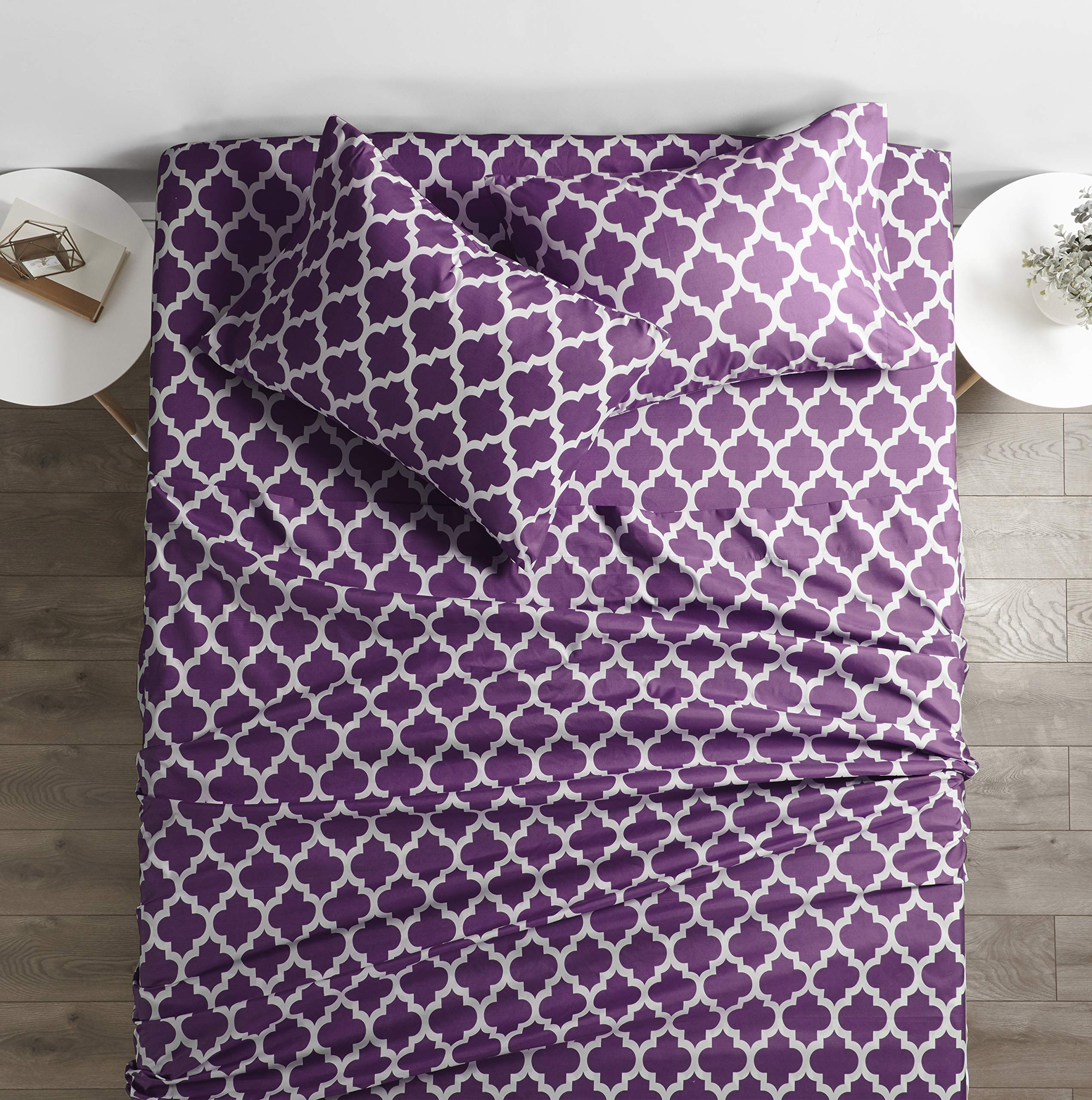 Book Cover Italian Luxury 1800 Series Hotel Collection Quatrefoil Pattern Bed Sheet Set - Deep Pockets, Wrinkle and Fade Resistant, Hypoallergenic Printed Sheet and Pillow Case Set - King - Purple
