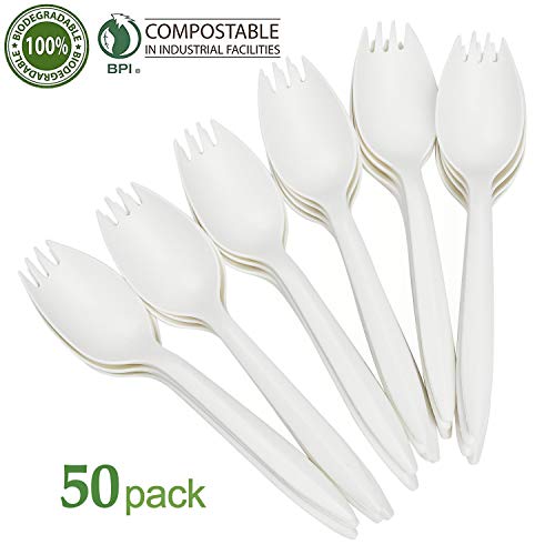 KAISHANE 100% Compostable Sporks - 50 Pieces Disposable Cutlery Set Biodegradable Spork Eco Friendly Durable and Heat Resistant Plastic Forks and Spoon, Wrapped Bulk White