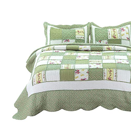 Bedsure 3-Piece Printed Quilt Set Queen/Full Size (90x96 inches), Green Ruffle, Lightweight Coverlet Design for Spring and Summer, 1 Quilt and 2 Pillow Shams