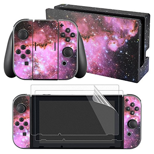 eXtremeRateÂ® Full Set Faceplate Skin Decal Stickers for Nintendo Switch with 2Pcs Screen Protector (Console & Joy-con & Dock & Grip) (Purple Galaxy)