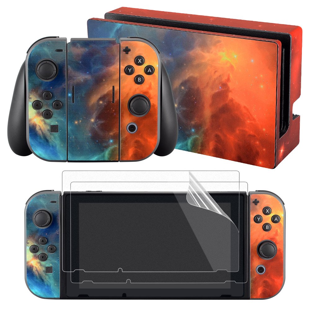 Book Cover eXtremeRate Full Set Faceplate Skin Decal Stickers for Nintendo Switch with 2Pcs Screen Protector (Console & Joy-con & Dock & Grip) - Orange Star Universe