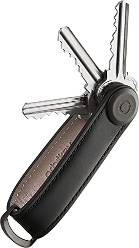 Orbitkey Leather Key Organizer | Durable, Stainless Steel Locking Mechanism, Slim & Quiet Profile | Holds up to 7 Keys, Black with Black Stitching