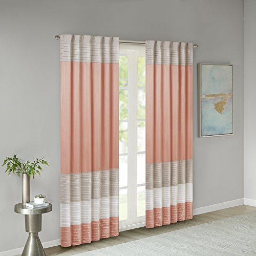 Book Cover Madison Park Amherst Faux Silk Rod Pocket Curtain With Privacy Lining for Living Room, Window Drapes for Bedroom and Dorm, 50x84, Coral