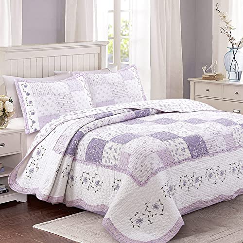 Book Cover Cozy Line Home Fashions Love of Lilac Bedding Quilt Set, Light Purple Orchid Lavender Floral Real Patchwork 100% Cotton Reversible Coverlet, Bedspread for Girls Women (Lilac, Queen - 3 Piece)