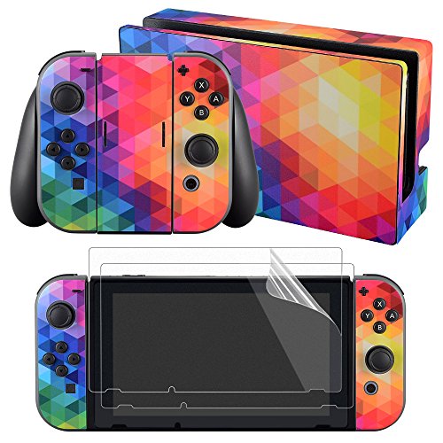 eXtremeRate Full Set Faceplate Skin Decal Stickers for Nintendo Switch with 2Pcs Screen Protector (Console & Joy-con & Dock & Grip)-Colorful Triangle