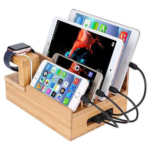 Book Cover InkoTimes Bamboo Charging Station for Multiple Devices Organizer - USB Wooden Charging Docking Station - Perfect for Smart Phone Pad Tablet Home Family Office or Gift Giving (USB Charger NOT Included)