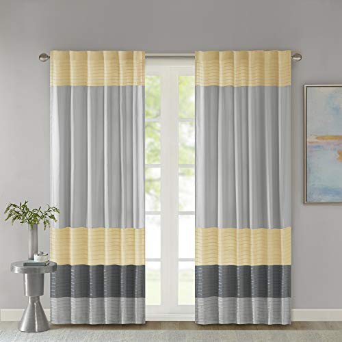 Book Cover Madison Park Amherst Single Panel Faux Silk Rod Pocket Curtain With Privacy Lining for Living Room, Window Drape for Bedroom and Dorm, 50x84, Yellow