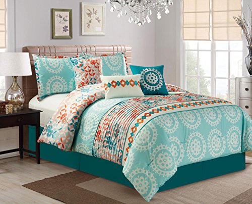Book Cover Modern 7 Piece Embroidered Bedding Aqua Blue / Turquoise / Orange KING Pin Tuck Comforter Set with accent pillows