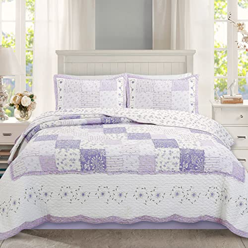 Book Cover Cozy Line Home Fashions Love of Lilac Bedding Quilt Set, Light Purple Orchid Lavender Floral Real Patchwork 100% Cotton Reversible Coverlet, Bedspread (Lilac, King - 3 Piece)