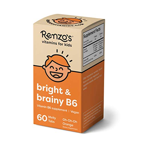 Renzo's Bright & Brainy B6, Dissolvable Vegan Vitamins for Kids, Zero Sugar, Oh-Oh-Oh Orange Flavor, 60 Melty Tabs