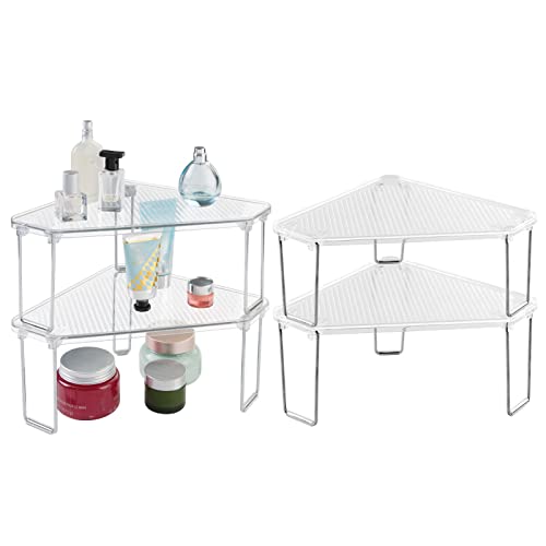 mDesign Plastic/Steel Corner Stackable Rack, Storage Organizer Shelf for Bathroom, Vanity, Countertop, Sink, Cabinet, Holds Makeup, Shower Accessories, Ligne Collection - 4 Pack - Clear