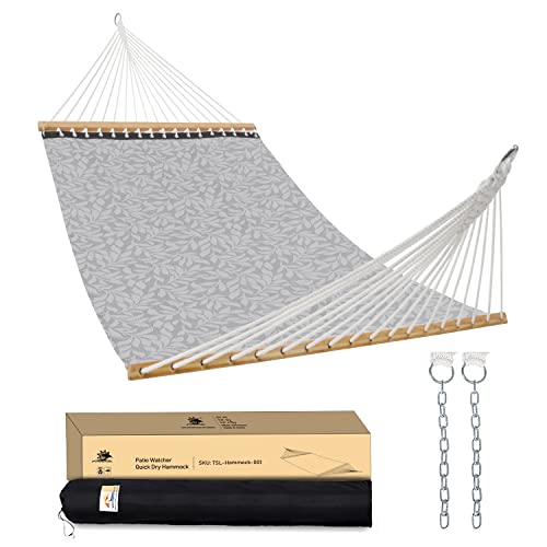 Patio Watcher 14 FT Quick Dry Rope Hammock with Double Size Solid Wood Spreader Bar Outdoor Patio Yard Poolside Beach Hammock with Chains, Waterproof and UV Resistance, 2 Person 450 Pound Capacity