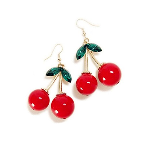XCFS 18K Gold Plated Vintage Red Big Cherry Charm& Green Crystal Leaf Women Hook Dangle Drop Earrings
