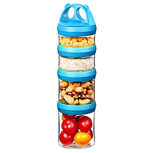 SELEWARE Portable, Stackable Food Storage Containers for Formula, Snacks, Powder and Drinks, Twist Lock System, Airtight, Leak-proof, BPA and Phthalate Free, 4-Piece Jars, 31oz Blue