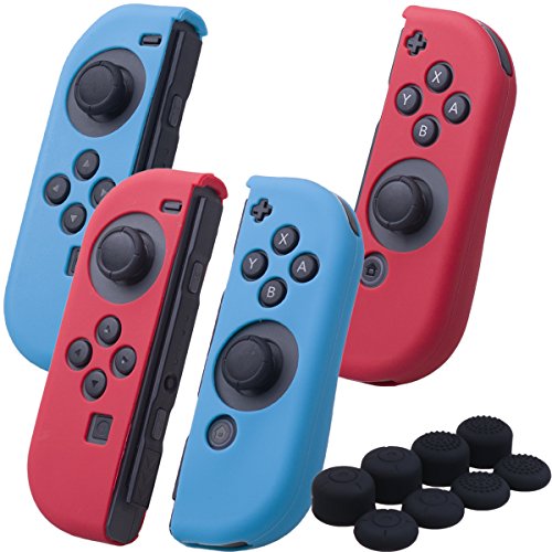 YoRHa Hand Grip Silicone Cover Skin Case x 4 for Switch/NS/NX Joy-Con Controller (red+Blue) with Joy-Con Thumb Grips x 8