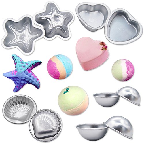 MelonBoat Metal Bath Bomb Molds Fizzies Set of 5, 2 Shell Shape, 4 Hemispheres (2-3/8", 2"), 2 Heart Shape, 2 Starfish Shape, Cake Pan Molds, Aluminum