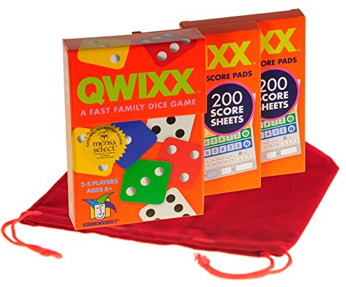 Deluxe Games and Puzzles QWIXX Fast Family Dice Game, with 2 Replacement Score Pad Packs, RED Velvet Drawstring Pouch, Bundled Items