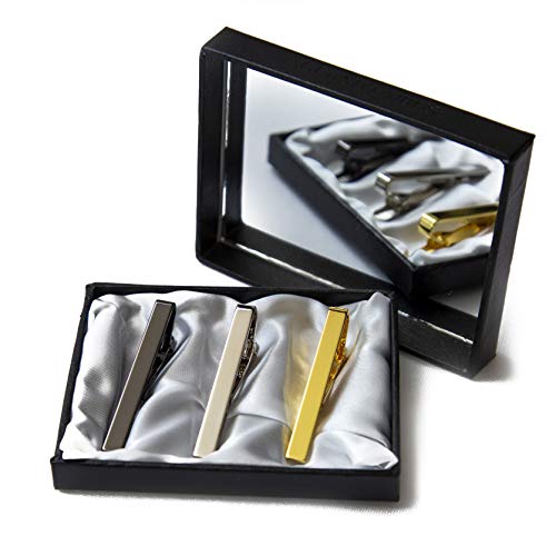 3pc Mens Tie Bar Clip for Regular Necktie, Gold Silver Black with Luxury Gift Box Set with Mirror