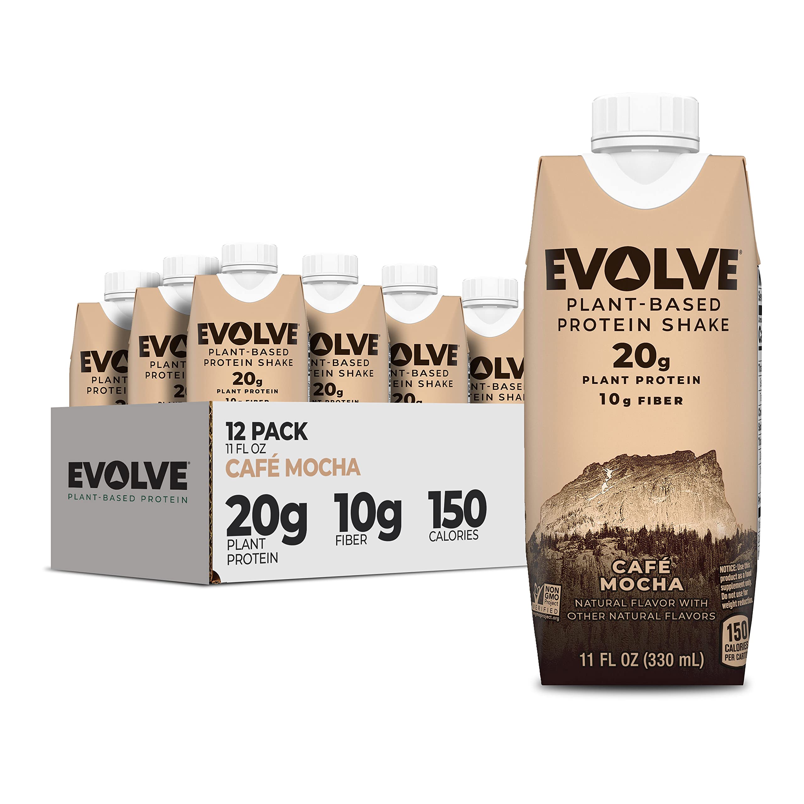 Evolve Plant Based Protein Shake, Café Mocha, 20g Vegan Protein, Dairy Free, No Artificial Sweeteners, Non-GMO, 10g Fiber, 11oz, (12 Pack) (Formula May Vary) Carton Mocha 11.2 Fl Oz (Pack of 12)
