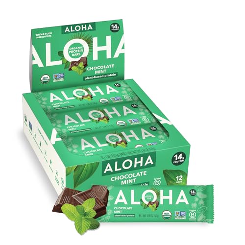 ALOHA Organic Plant Based Protein Bars |Chocolate Mint | 12 Count, 1.9oz Bars | Vegan, Low Sugar, Gluten Free, Paleo, Low Carb, Non-GMO, Stevia Free, Soy Free